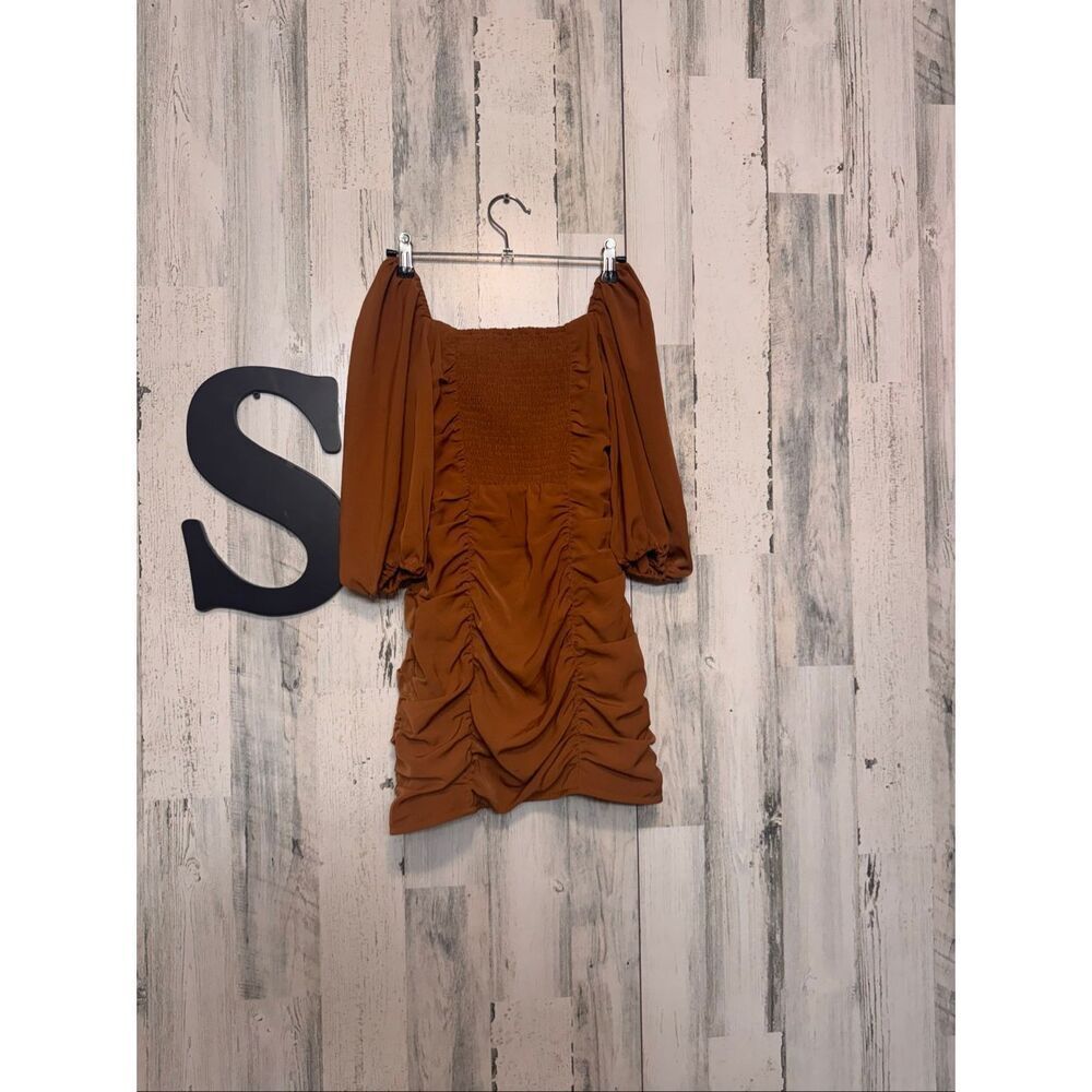 Abercrombie & Fitch Brown Ruched Mini Dress Puff Sleeve Bodycon Dress XXSP - Picture 3 of 7
